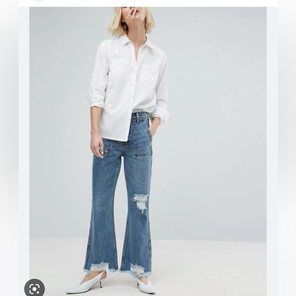 Evidnt Button Fly Raw Hem Distressed Jeans Y2K Baby Flare Bootcut Western 26‎